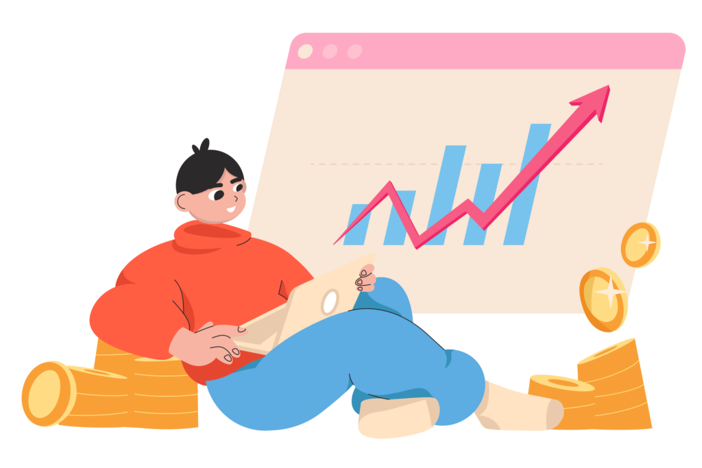 Graphic of a man with a laptop looking at a graph of investment growth.