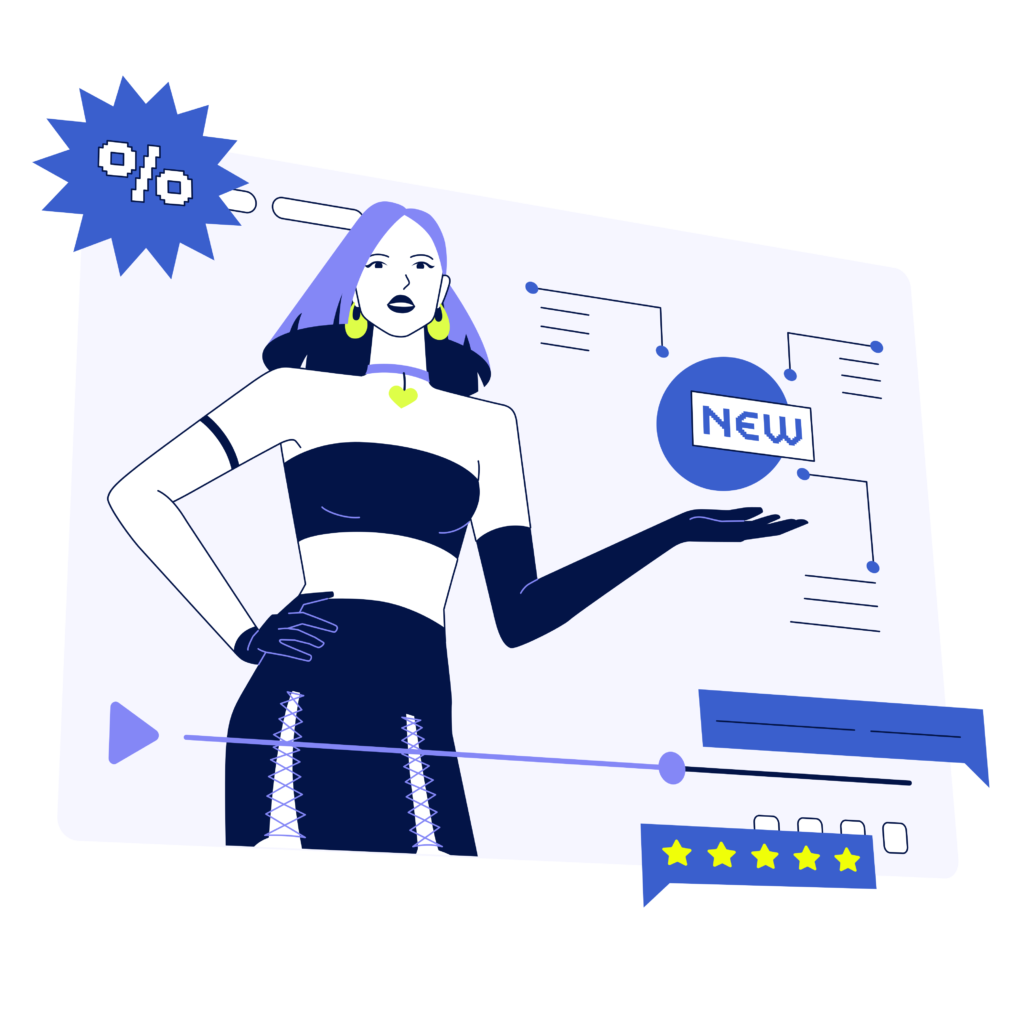 Illustration of a woman with a graphic of a 'NEW' product, discount symbol, and rating stars, representing advertising.