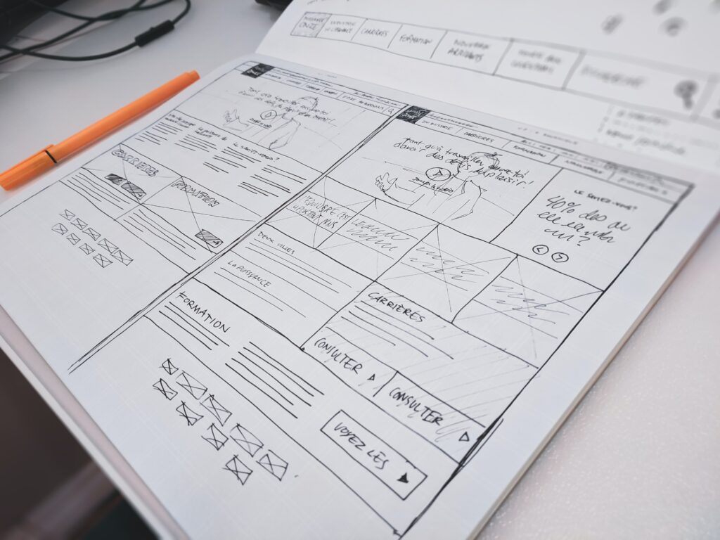 Sketch of a website wireframe with placeholders and a pencil on a desk.